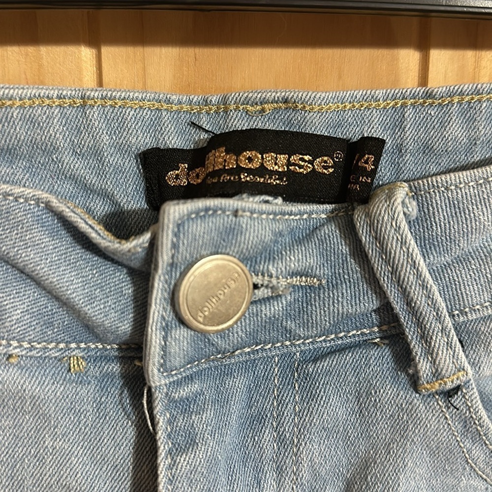 DOLLHOUSE x You Are Beautiful Distressed Light Blue Denim Shorts - Picture 2 of 6